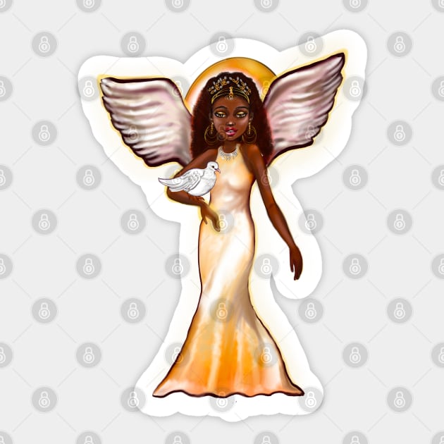 Angel with dove ii- Black angel of peace ! With glow, Afro hair, brown eyes, Cherry pink lips and dark brown skin. Hair love ! Sticker by Artonmytee